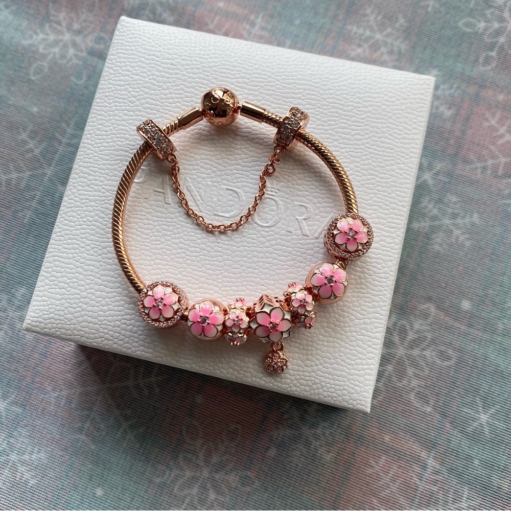 Pandora Rose Gold Bracelet with Pink Floral Charms